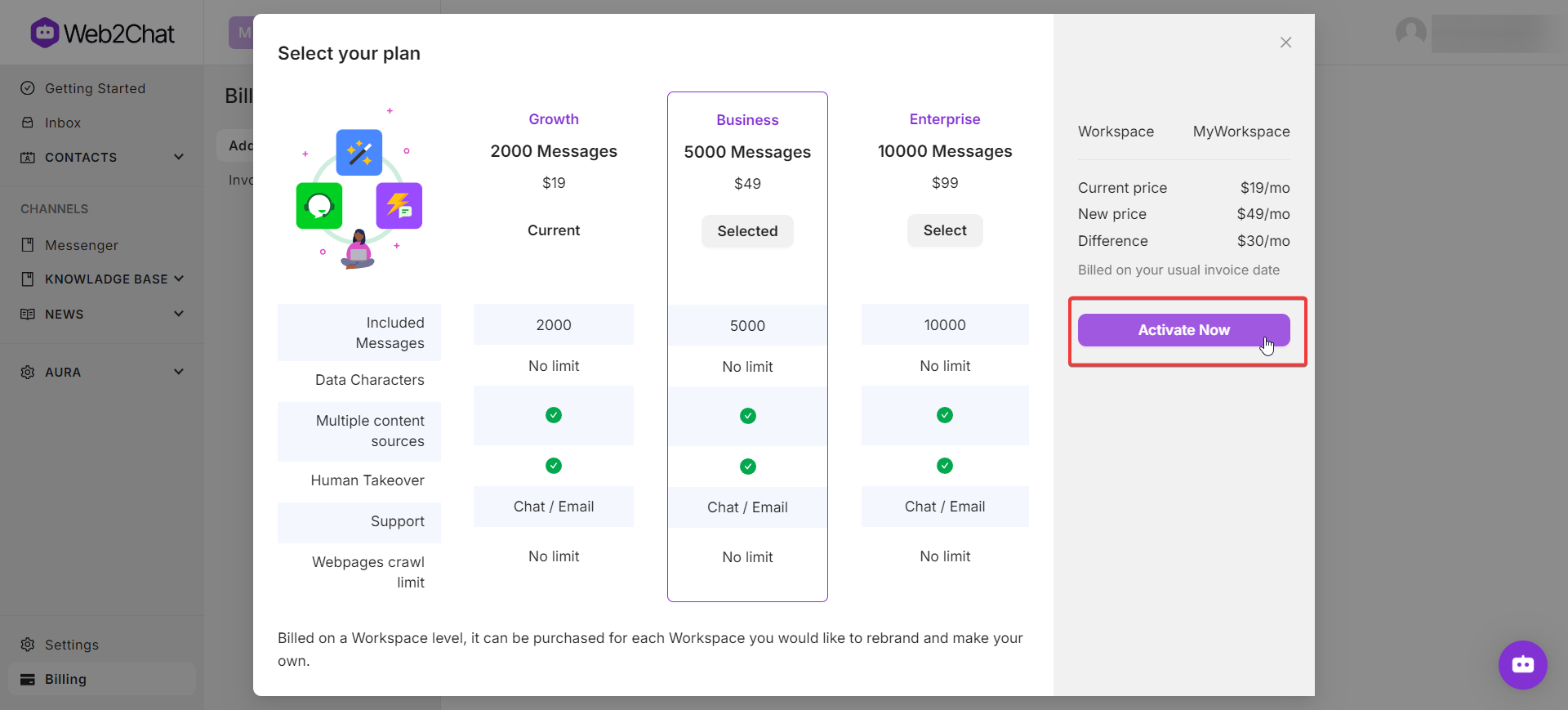 How To Manage Your Web2Chat Subscriptions | Web2Chat Help Center
